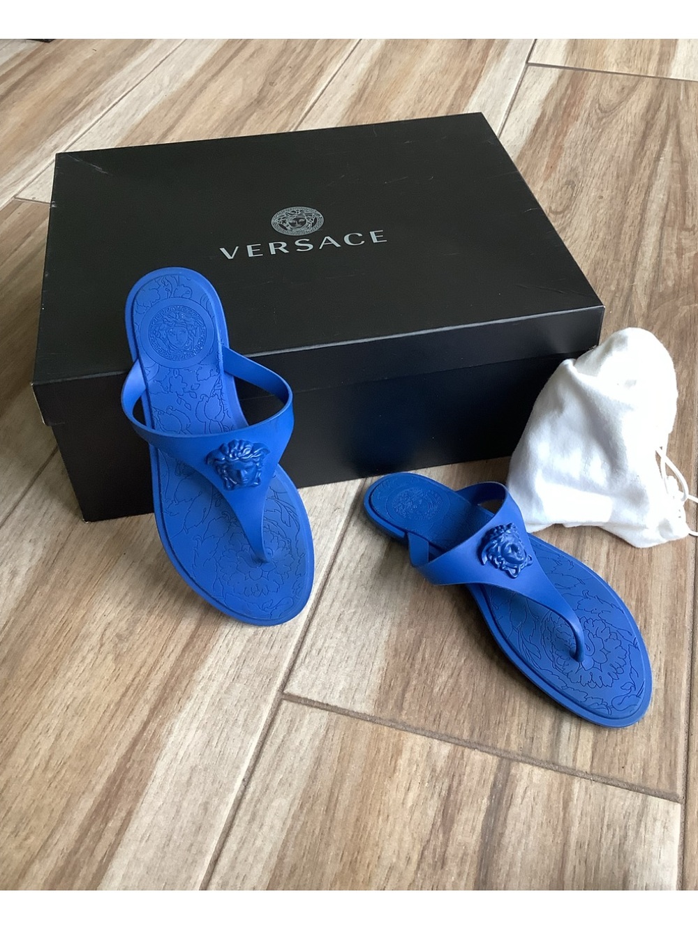 Versace Alia Rubber Royal Blue Thong Sandals 5.5